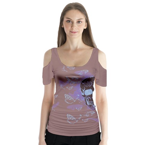 Butterfly Skull Coral Halloween V2 Butterfly Sleeve Cutout Tee by CoolDesigns