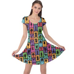 Colorful Colorful Pattern With Silhouettes Of Cocktails And Drinks Cap Sleeve Dress