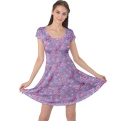 Purple Pattern Donuts Candies And Lollypops Check Cap Sleeve Dress
