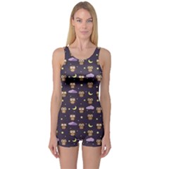 Blue Owls At Night With Stars Clouds And Moon Pattern Boyleg One Piece Swimsuit by CoolDesigns