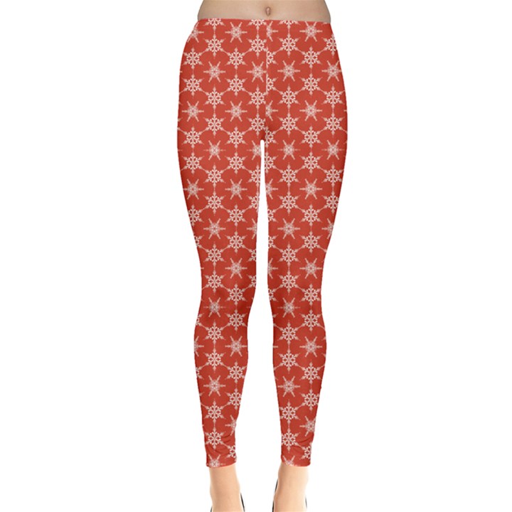 Red Red With White Snowflakes Pattern Leggings