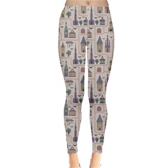 Blue Pattern Ancient Town Castles Houses Trees Birds Leggings by CoolDesigns