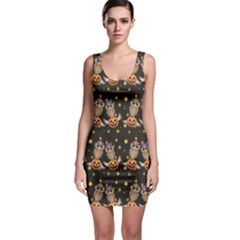 Black Halloween Two Cartoon Owls With Pumpkins Bodycon Dress by CoolDesigns
