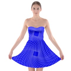 Blue Perspective Grid Distorted Line Plaid Strapless Bra Top Dress