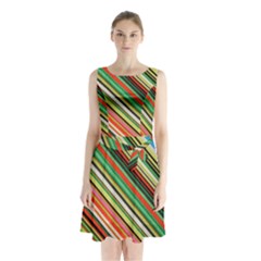 Colorful Stripe Background Sleeveless Chiffon Waist Tie Dress by Simbadda