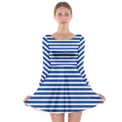 Horizontal Stripes Dark Blue Long Sleeve Skater Dress