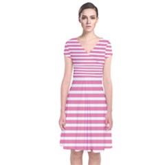 Horizontal Stripes Light Pink Short Sleeve Front Wrap Dress by Mariart