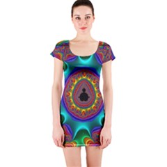 3d Glass Frame With Kaleidoscopic Color Fractal Imag Short Sleeve Bodycon Dress by Simbadda