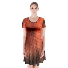 Background Technical Design With Orange Colors And Details Short Sleeve V-neck Flare Dress by Simbadda