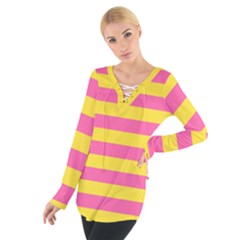 Horizontal Pink Yellow Line Women s Tie Up Tee by Mariart