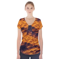 Abstract Orange Black Sunset Clouds Short Sleeve Front Detail Top by Simbadda