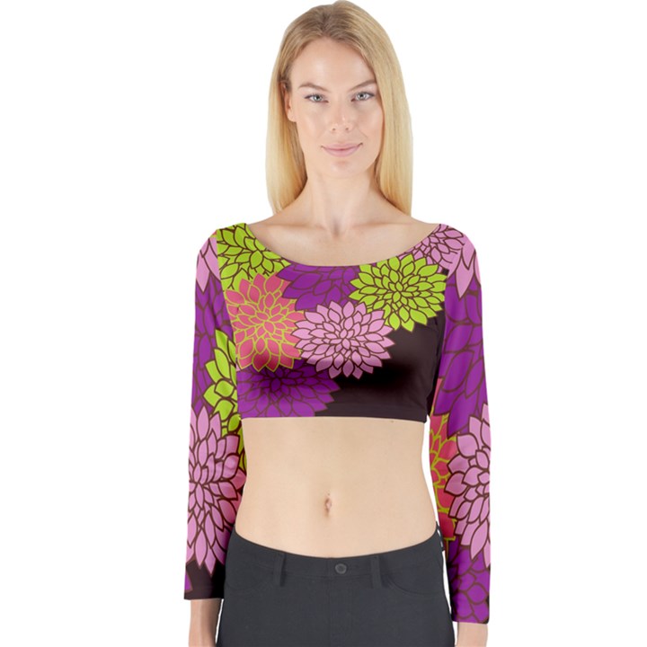 Floral Card Template Bright Colorful Dahlia Flowers Pattern Background Long Sleeve Crop Top