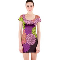 Floral Card Template Bright Colorful Dahlia Flowers Pattern Background Short Sleeve Bodycon Dress by Nexatart