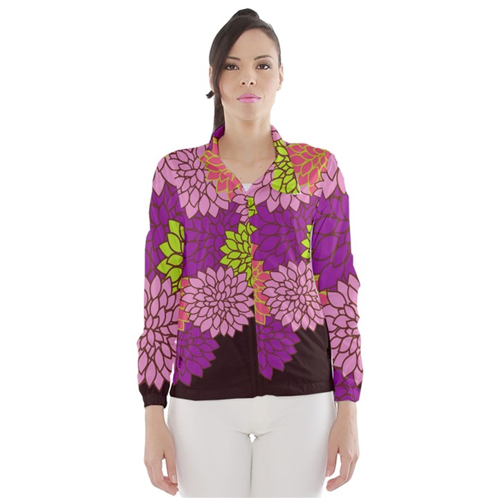 Floral Card Template Bright Colorful Dahlia Flowers Pattern Background Wind Breaker (Women)