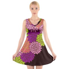 Floral Card Template Bright Colorful Dahlia Flowers Pattern Background V-neck Sleeveless Skater Dress by Nexatart