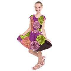 Floral Card Template Bright Colorful Dahlia Flowers Pattern Background Kids  Short Sleeve Dress by Nexatart