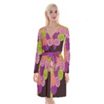 Floral Card Template Bright Colorful Dahlia Flowers Pattern Background Long Sleeve Velvet Front Wrap Dress