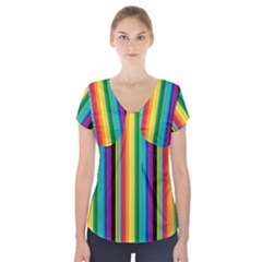 Multi Colored Colorful Bright Stripes Wallpaper Pattern Background Short Sleeve Front Detail Top by Nexatart