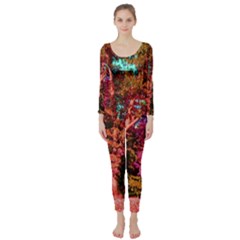 Abstract Fall Trees Saturated With Orange Pink And Turquoise Long Sleeve Catsuit by Nexatart