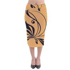 Black Brown Floral Symbol Velvet Midi Pencil Skirt