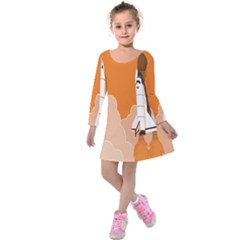 Rocket Space Ship Orange Kids  Long Sleeve Velvet Dress by Mariart