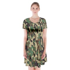 Army Camouflage Short Sleeve V-neck Flare Dress by Mariart