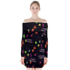 Cartoon Birthday Tilable Design Long Sleeve Off Shoulder Dress by Nexatart