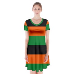 Color Green Orange Black Short Sleeve V-neck Flare Dress by Mariart
