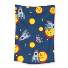 Rocket Ufo Moon Star Space Planet Blue Circle Small Tapestry