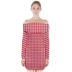 Plaid Red White Line Long Sleeve Off Shoulder Dress
