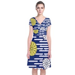 Sunflower Line Blue Yellpw Short Sleeve Front Wrap Dress by Mariart