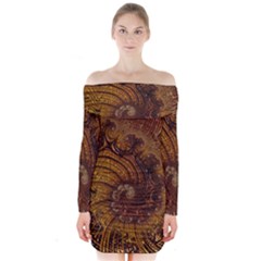 Copper Caramel Swirls Abstract Art Long Sleeve Off Shoulder Dress by Nexatart