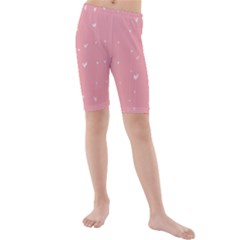 Pink Background With White Hearts On Lines Kids  Mid Length Swim Shorts by TastefulDesigns