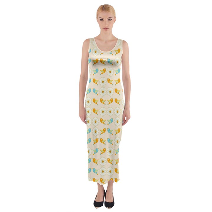 Birds And Daisies Fitted Maxi Dress