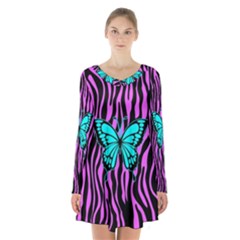 Zebra Stripes Black Pink   Butterfly Turquoise Long Sleeve Velvet V-neck Dress by EDDArt