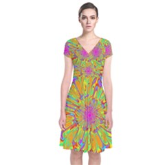Magic Ripples Flower Power Mandala Neon Colored Short Sleeve Front Wrap Dress by EDDArt