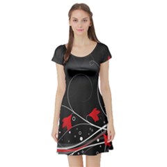 Star Red Flower Floral Black Leaf Polka Circle Short Sleeve Skater Dress