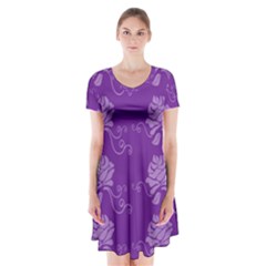 Purple Flower Rose Sunflower Short Sleeve V-neck Flare Dress by Mariart