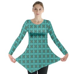 Turquoise Damask Pattern Long Sleeve Tunic  by linceazul