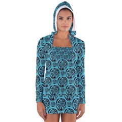 Turquoise Pattern Women s Long Sleeve Hooded T-shirt by linceazul