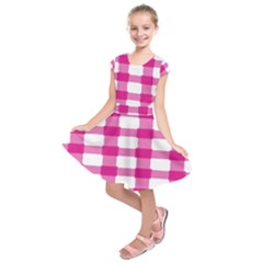 Hot Pink Brush Stroke Plaid Tech White Kids  Short Sleeve Dress by Mariart
