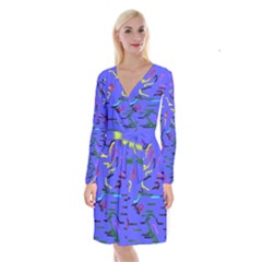 Paint Strokes On A Blue Background                  Long Sleeve Velvet Front Wrap Dress by LalyLauraFLM