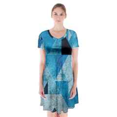 Plane And Solid Geometry Charming Plaid Triangle Blue Black Short Sleeve V-neck Flare Dress by Mariart
