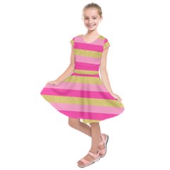 Pink Line Gold Red Horizontal Kids  Short Sleeve Dress by Mariart