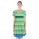 Line Horizontal Green Blue Yellow Light Wave Chevron Short Sleeve V-neck Flare Dress