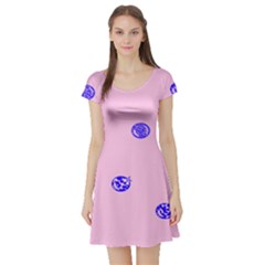Star Space Balloon Moon Blue Pink Circle Round Polkadot Short Sleeve Skater Dress