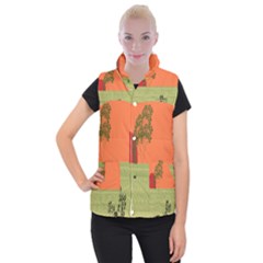 Sunset Orange Green Tree Sun Red Polka Women s Button Up Puffer Vest by Mariart