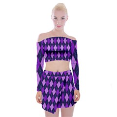 Static Argyle Pattern Blue Purple Off Shoulder Top With Skirt Set by Nexatart