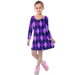 Static Argyle Pattern Blue Purple Kids  Long Sleeve Velvet Dress by Nexatart
