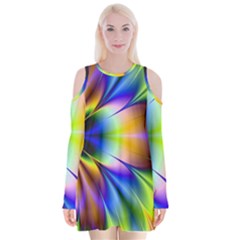 Bright Flower Fractal Star Floral Rainbow Velvet Long Sleeve Shoulder Cutout Dress